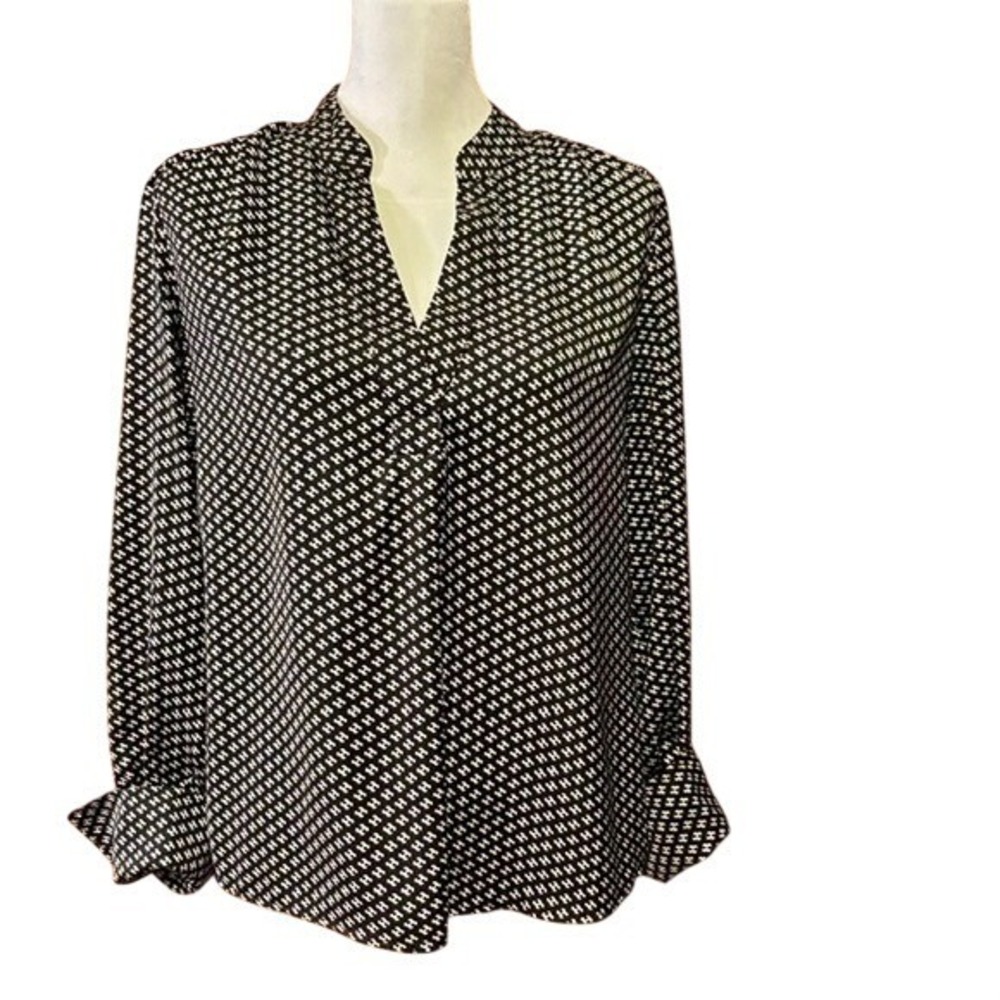 Banana Republic Womens Small Black White Geometric V-Neck Long Sleeve Blouse